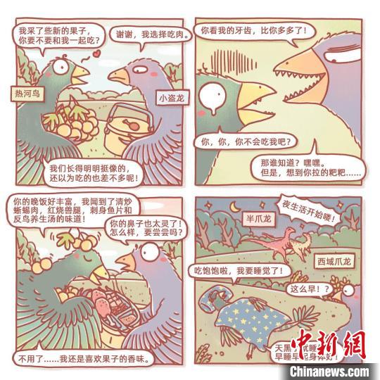 根據此次熱河鳥(niǎo)研究成果繪制的漫畫(huà)(燁子/繪)。　中科院古脊椎所 供圖