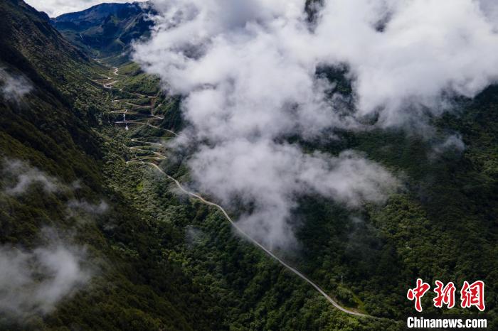 西藏山南勒布溝景區(qū)的盤山公路被云霧環(huán)繞。　江飛波 攝